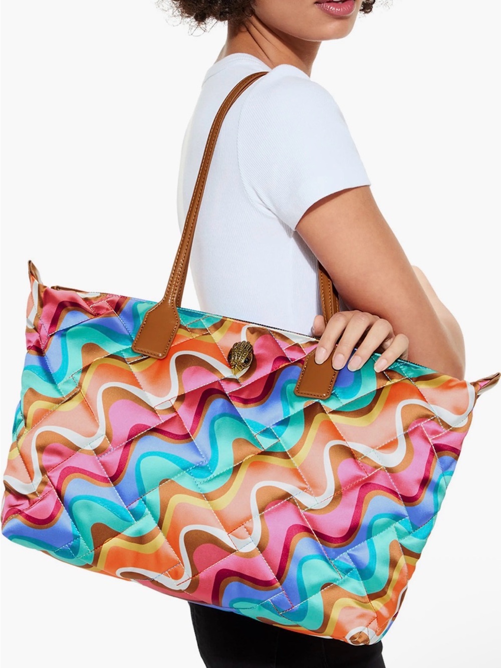 Kurt Geiger Multicolor Wave-Print Tote with Tan Handles